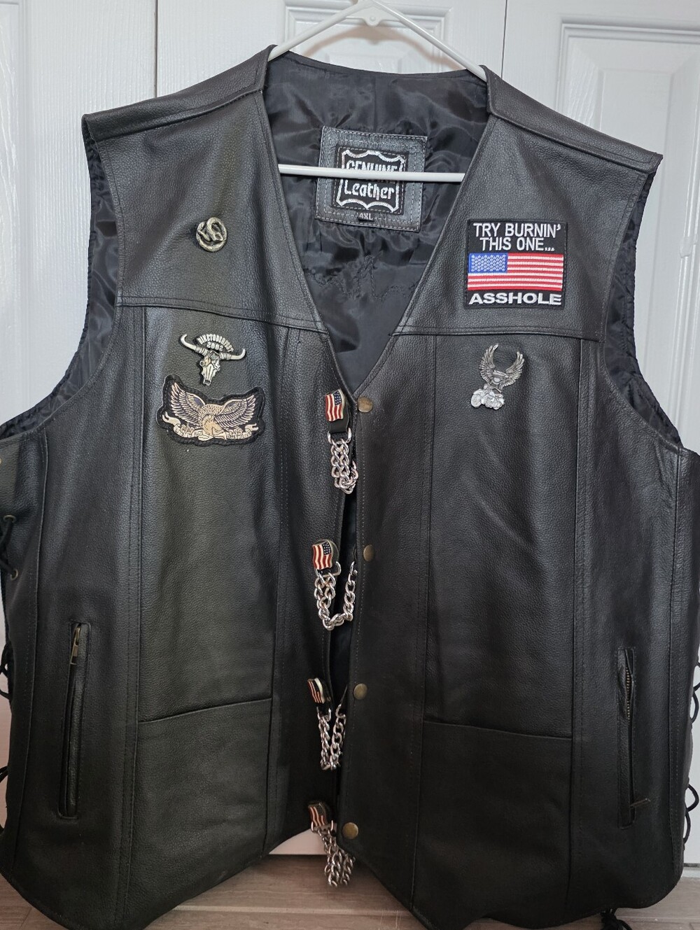 Vintage Genuine Leather Biker Vest 4XL Death Before Dishonor Patched. USA Flag